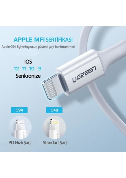 USB-C - Lightning 3A PD MFi Sertifikalı Hızlı Şarj Kablosu, 2 m, Beyaz, 60749 modelleri