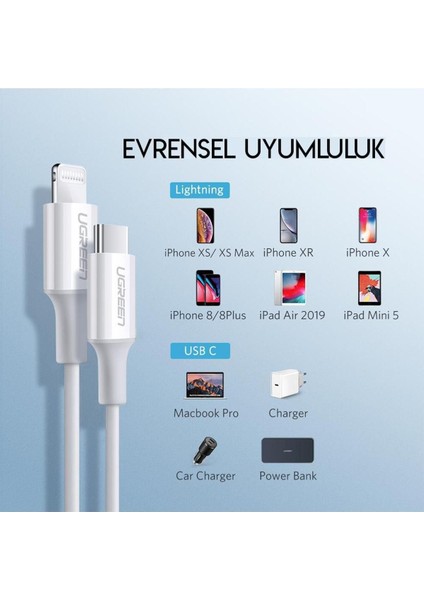 USB-C - Lightning 3A PD MFi Sertifikalı Hızlı Şarj Kablosu, 2 m, Beyaz, 60749