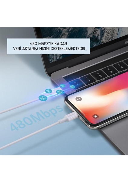 USB-C - Lightning 3A PD MFi Sertifikalı Hızlı Şarj Kablosu, 2 m, Beyaz, 60749