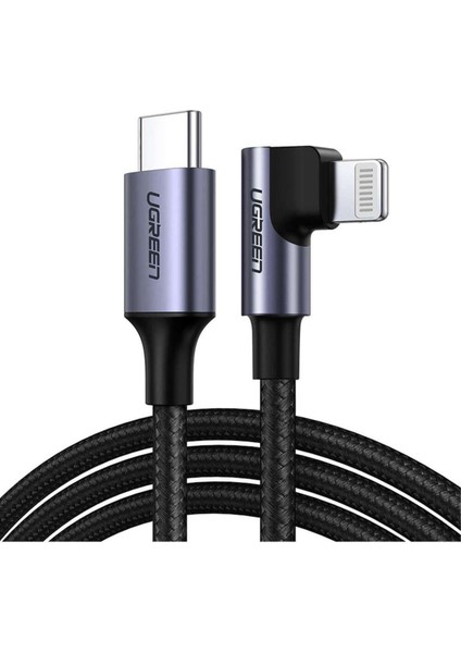 USB-C - Lightning 3A QC PD 90 Derece Örgülü Hızlı Şarj Kablosu, 2 m, Siyah, 60765