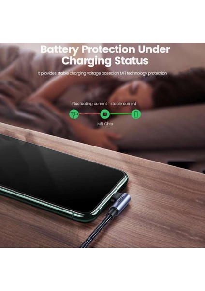 USB-C - Lightning 3A QC PD 90 Derece Örgülü Hızlı Şarj Kablosu, 2 m, Siyah, 60765