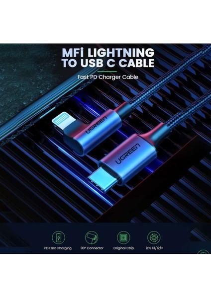 USB-C - Lightning 3A QC PD 90 Derece Örgülü Hızlı Şarj Kablosu, 2 m, Siyah, 60765