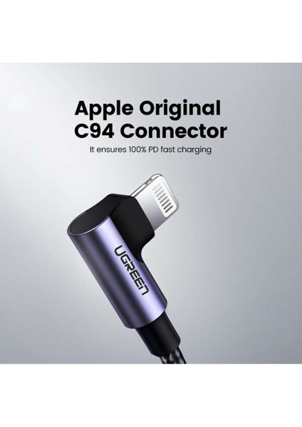 USB-C - Lightning 3A QC PD 90 Derece Örgülü Hızlı Şarj Kablosu, 2 m, Siyah, 60765