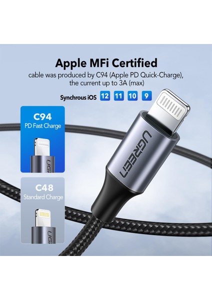 USB-C - Lightning 3A PD MFi Sertifikalı Örgülü Hızlı Şarj Kablosu, 2 m, Siyah, 60761 modelleri