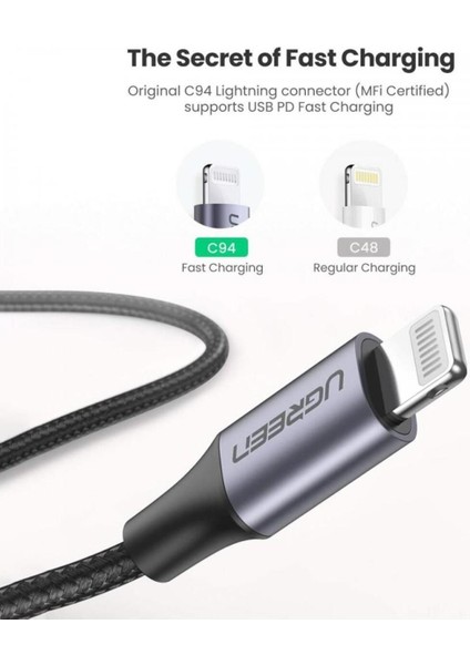 USB-C - Lightning 3A PD MFi Sertifikalı Örgülü Hızlı Şarj Kablosu, 2 m, Siyah, 60761