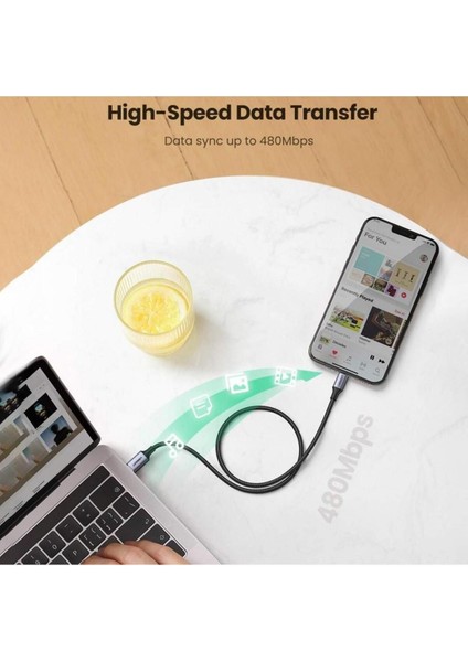 USB-C - Lightning 3A PD MFi Sertifikalı Örgülü Hızlı Şarj Kablosu, 2 m, Siyah, 60761