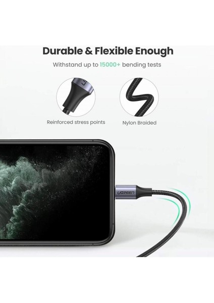 USB-C - Lightning 3A PD MFi Sertifikalı Örgülü Hızlı Şarj Kablosu, 2 m, Siyah, 60761