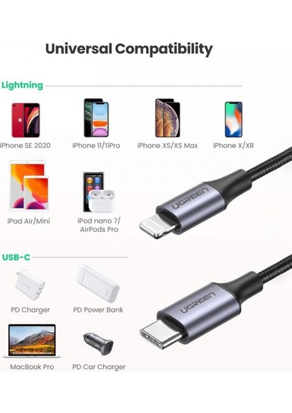 USB-C - Lightning 3A PD MFi Sertifikalı Örgülü Hızlı Şarj Kablosu, 2 m, Siyah, 60761