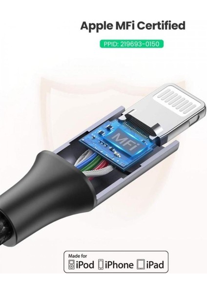 USB-C - Lightning 3A PD MFi Sertifikalı Örgülü Hızlı Şarj Kablosu, 2 m, Siyah, 60761