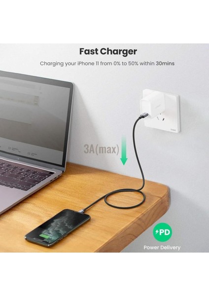 USB-C - Lightning 3A PD MFi Sertifikalı Örgülü Hızlı Şarj Kablosu, 2 m, Siyah, 60761