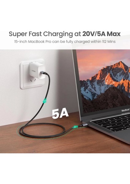 USB-C 100W 5A QC PD Örgülü Hızlı Şarj Kablosu, 1 m, Siyah, 70427 fiyatları