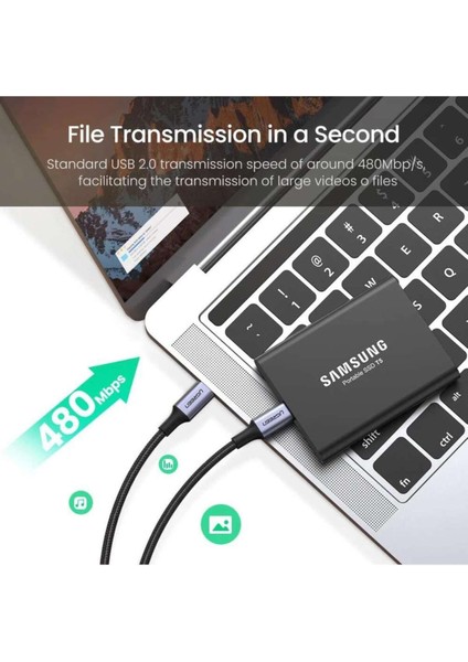 USB-C 100W 5A QC PD Örgülü Hızlı Şarj Kablosu, 1 m, Siyah, 70427