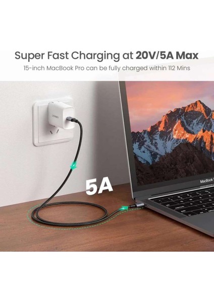 USB-C 100W 5A QC PD Örgülü Hızlı Şarj Kablosu, 1 m, Siyah, 70427