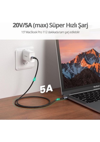 USB-C 100W 5A QC PD Örgülü Hızlı Şarj Kablosu, 2 m, Siyah, 70429