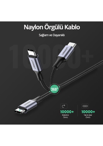 USB-C 100W 5A QC PD Örgülü Hızlı Şarj Kablosu, 2 m, Siyah, 70429