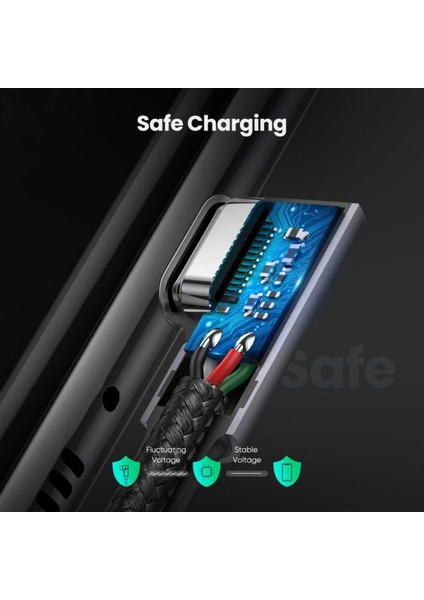 USB-C 60W 3A QC PD Çift Tarafı 90 Derece Örgülü Hızlı Şarj Kalosu, 2 m, Siyah, 70531