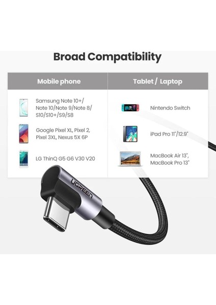 USB-C 60W 3A QC PD Çift Tarafı 90 Derece Örgülü Hızlı Şarj Kalosu, 2 m, Siyah, 70531