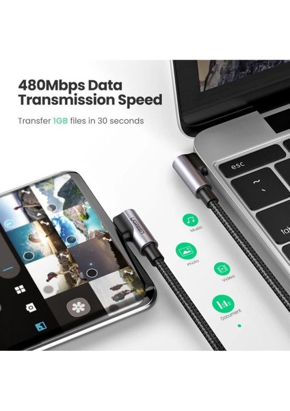 USB-C 60W 3A QC PD Çift Tarafı 90 Derece Örgülü Hızlı Şarj Kalosu, 2 m, Siyah, 70531