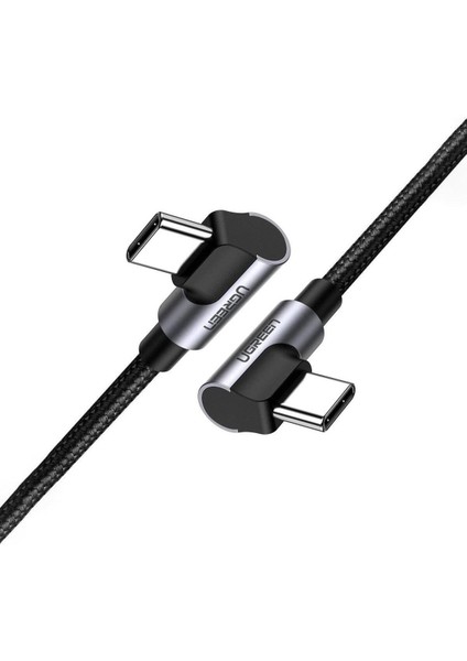 USB-C 60W 3A QC PD Çift Tarafı 90 Derece Örgülü Hızlı Şarj Kalosu, 2 m, Siyah, 70531