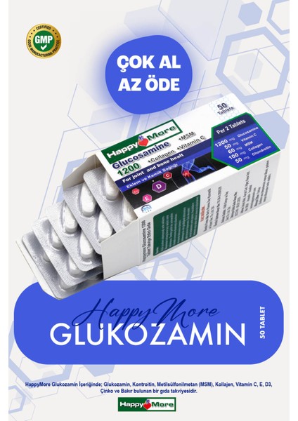 HappyMore Glukozamin Sülfat, Kondroitin, Msm ve Tip 2 Kollajen İçeren 50 Tablet Takviye Edici Gıda