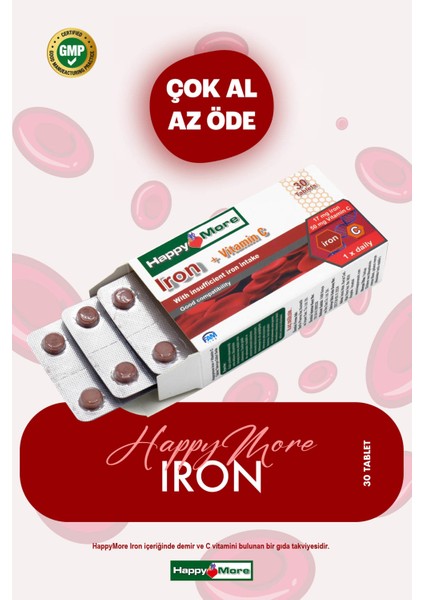 HappyMore Demir ve Vitamin C İçeren 30 Tablet Takviye Edici Gıda