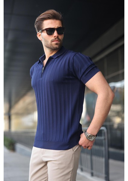 Lacivert Yarım Fermuarlı Polo Yaka Erkek Kazak E7458