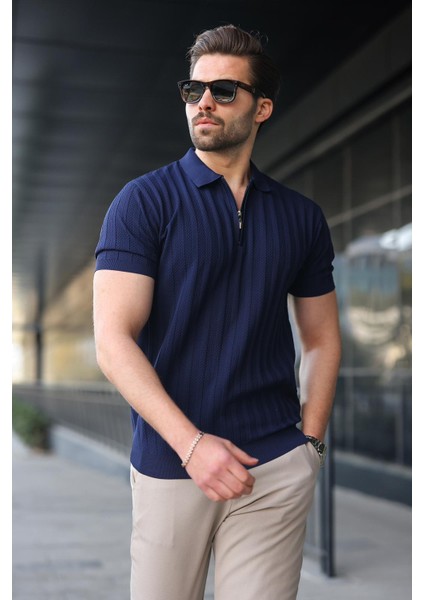 Lacivert Yarım Fermuarlı Polo Yaka Erkek Kazak E7458 fiyatları
