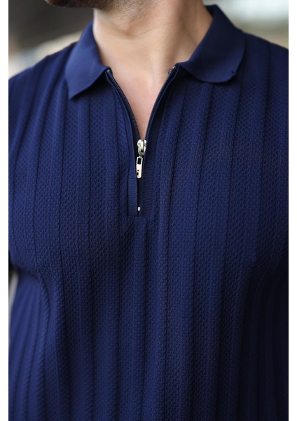 Lacivert Yarım Fermuarlı Polo Yaka Erkek Kazak E7458 modelleri