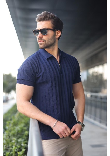 Lacivert Yarım Fermuarlı Polo Yaka Erkek Kazak E7458 fırsatları