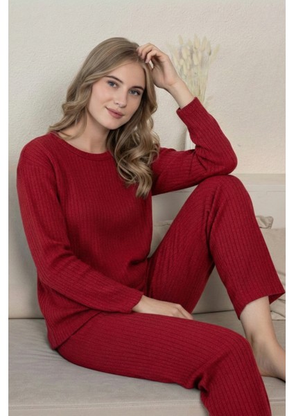 Kalın Kışlık Interlok Şeritli Uzun Kollu Örme Pijama Takımı