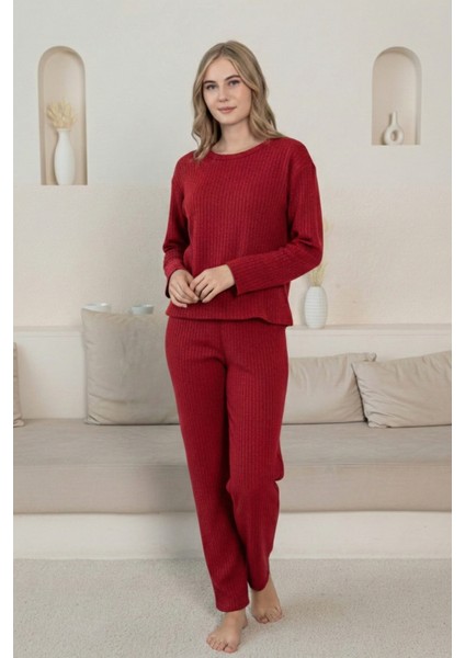 Kalın Kışlık Interlok Şeritli Uzun Kollu Örme Pijama Takımı modelleri
