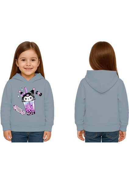 Unisex Baskılı Çocuk Swaetshirt Kapüşonlu 3 Iplik Şardonlu Kuromi Baskılı