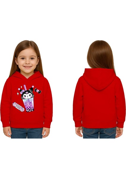 Unisex Baskılı Çocuk Swaetshirt Kapüşonlu 3 Iplik Şardonlu Kuromi Baskılı