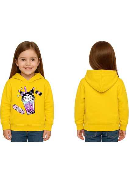 Unisex Baskılı Çocuk Swaetshirt Kapüşonlu 3 Iplik Şardonlu Kuromi Baskılı