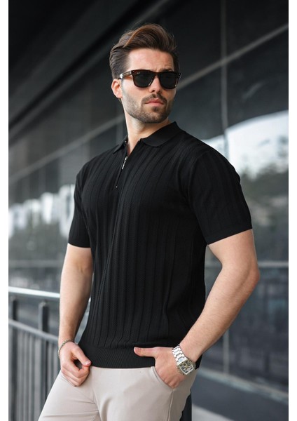Siyah Yarım Fermuarlı Polo Yaka Erkek Kazak E7458