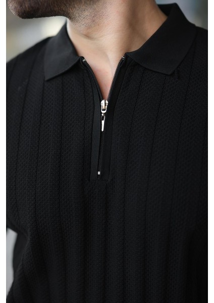 Siyah Yarım Fermuarlı Polo Yaka Erkek Kazak E7458 modelleri
