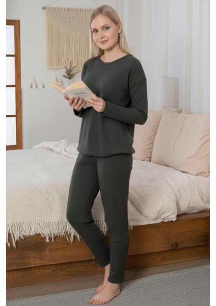 Kalın Kışlık Interlok Şeritli Uzun Kollu Örme Pijama Takımı fiyatları