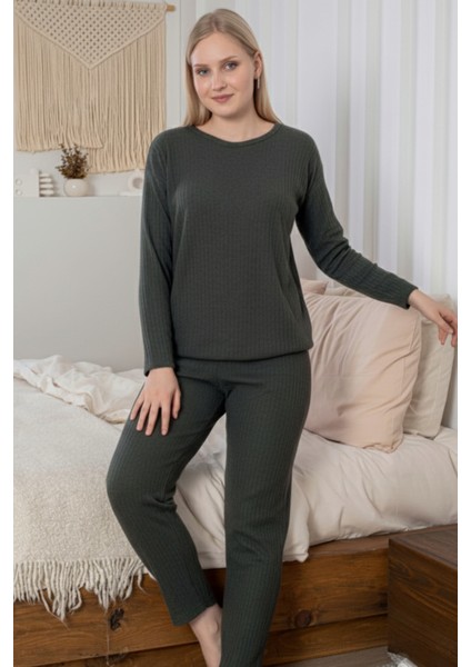 Kalın Kışlık Interlok Şeritli Uzun Kollu Örme Pijama Takımı modelleri