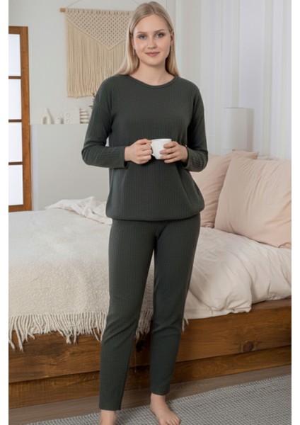Kalın Kışlık Interlok Şeritli Uzun Kollu Örme Pijama Takımı indirimleri