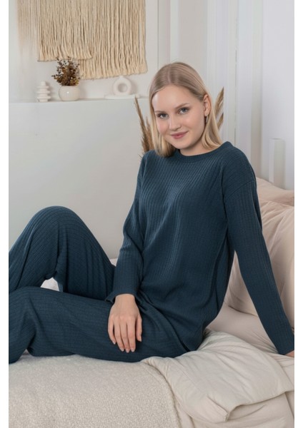 Kalın Kışlık Interlok Şeritli Uzun Kollu Örme Pijama Takımı