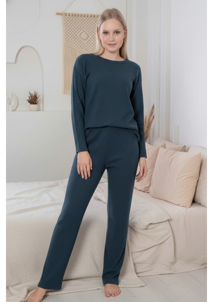 Kalın Kışlık Interlok Şeritli Uzun Kollu Örme Pijama Takımı modelleri