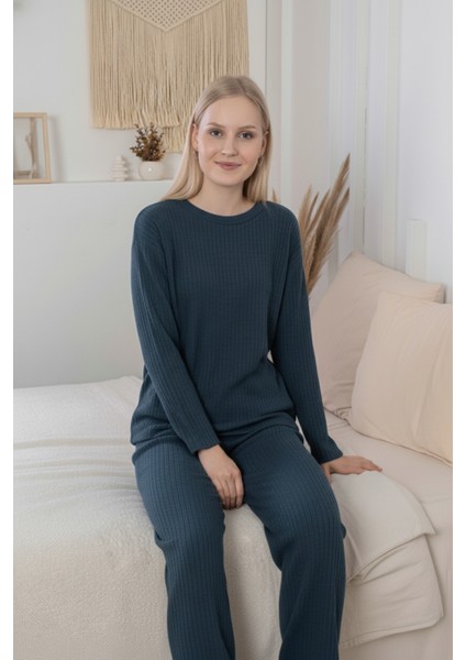 Kalın Kışlık Interlok Şeritli Uzun Kollu Örme Pijama Takımı fırsatları