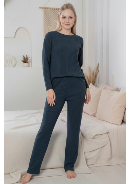 Kalın Kışlık Interlok Şeritli Uzun Kollu Örme Pijama Takımı