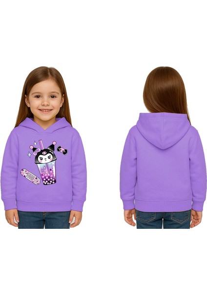 Unisex Baskılı Çocuk Swaetshirt Kapüşonlu 3 Iplik Şardonlu Kuromi Baskılı