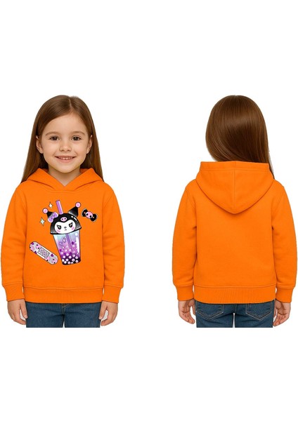 Unisex Baskılı Çocuk Swaetshirt Kapüşonlu 3 Iplik Şardonlu Kuromi Baskılı