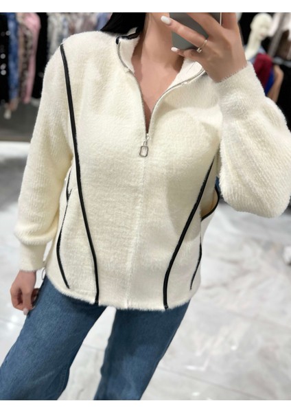 Wulf Deri Detaylı Alt Kısmı Ayarlanabilir Fermuarlı Triko Hırka-Vanilya indirimleri