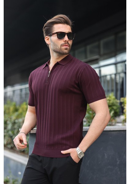 Bordo Yarım Fermuarlı Polo Yaka Erkek Kazak E7458