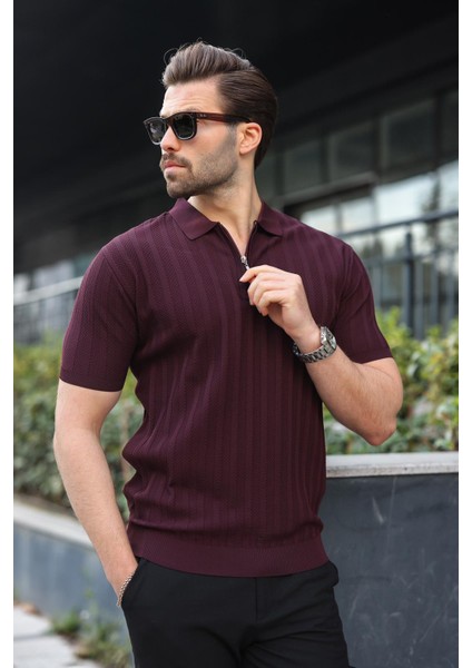 Bordo Yarım Fermuarlı Polo Yaka Erkek Kazak E7458 fiyatları