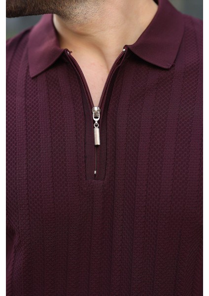 Bordo Yarım Fermuarlı Polo Yaka Erkek Kazak E7458 modelleri