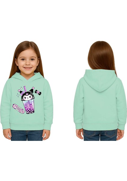 Unisex Baskılı Çocuk Swaetshirt Kapüşonlu 3 Iplik Şardonlu Kuromi Baskılı